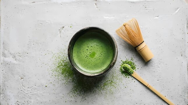 Top view of traditional japanese matcha green tea set with bamboo whisk and scoop on white stone background