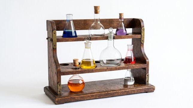 Vintage wooden laboratory stand holding colorful chemical solutions in glass flasks and beakers