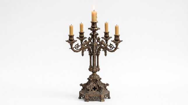 Ornate antique bronze candelabra with five lit candles on a white background