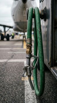 Close up of a green fuel hose connected to an airplane for refueling process