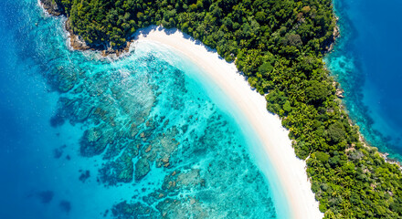 Top down aerial view of a curving white sand beach where turquoise reef shallows meet deep blue tropical ocean © Kafi
