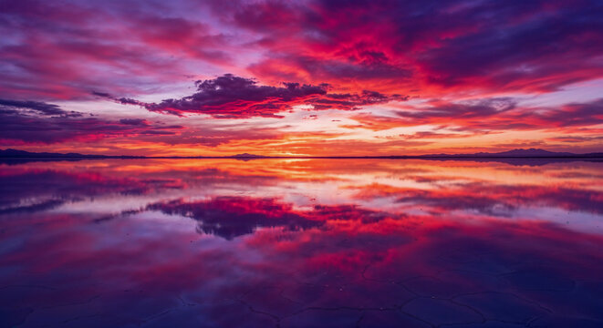 Fiery crimson and purple sunset clouds mirrored perfectly in a thin sheet of water on a vast salt flat