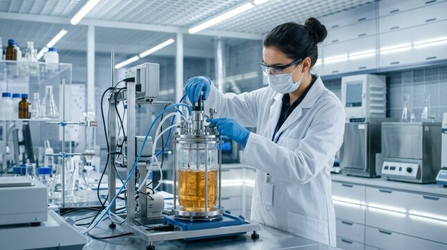 Female scientist in a laboratory working with a bioreactor and clean tech equipment