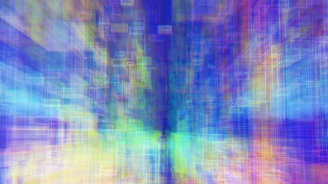 Abstract data network fly-through seamless loop. Iridescent wireframe glowing pastel boxes. Dreamy cyberspace background. Soft technology background for text.