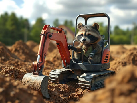 Cute funny raccoon construction worker character operating a mini tracked excavator on a muddy building site, digging ground concept.