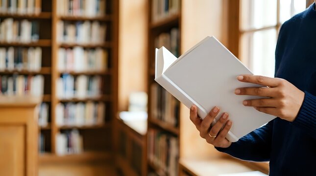 Person in dark blazer reading open book in library with wooden shelves and natural light, suitable for education, learning, and knowledge concepts.