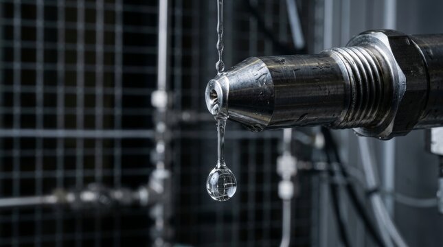 Macro close up of a laboratory fuel nozzle dripping a clear liquid sample