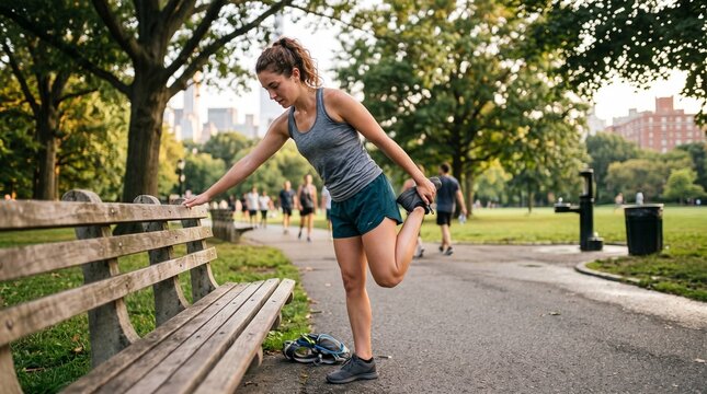 Woman stretching legs in park during morning run with city buildings in background