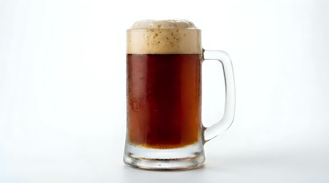 Dark cola or root beer in glass mug with thick foam head and condensation, isolated on white background for beverage advertising and menu design.