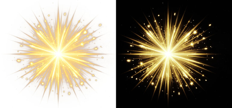 Golden starburst light effect with sparkling sun flare, glowing yellow sunburst explosion with glitter particles, radiant celestial star beam set isolated on Transparent Background
