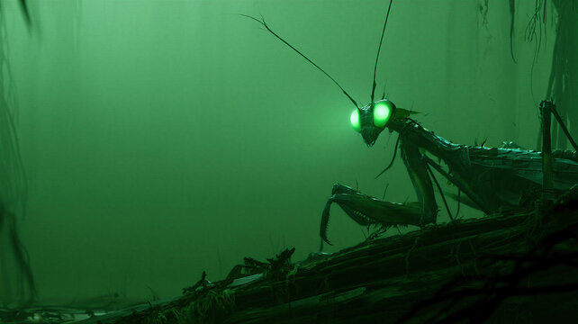 Giant glowing praying mantis in dark foggy forest. Creepy insect with bright eyes for Halloween horror atmosphere. Surreal creature in mist for fantasy story or monster game design.