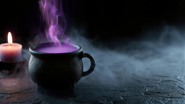 Black witch cauldron with steaming purple potion and lit candle. Scary Halloween magic brew for holiday celebration. Dark mystical atmosphere with mysterious fog and dark background.
