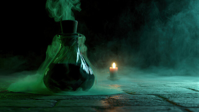 Green magic potion bottle with swirling smoke on dark stone surface. Mysterious steaming vial with burning candle for Halloween celebration. Occult ritual and dark chemistry concept.