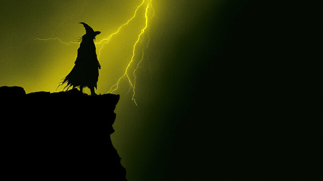 Silhouette of a witch standing on a cliff during a lightning storm. Scary wizard casting magic spell. Dark fantasy concept for Halloween celebration. Atmospheric horror night scene.