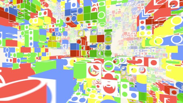 Abstract bright building block structure seamless loop. Playful aesthetic. Creative colorful animated background for tech start-up or education themes. Red, yellow, green blue blocks on white.
