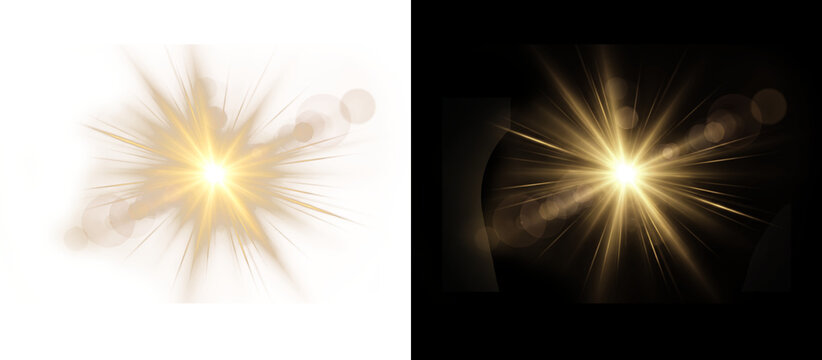 Golden lens flare with bright sunburst rays, glowing yellow light leak effect for overlays, radiant starburst sparkle with cinematic bokeh halo isolated on Transparent Background