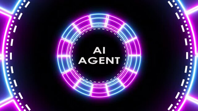 Futuristic glowing neon circular interface with AI agent text motion.