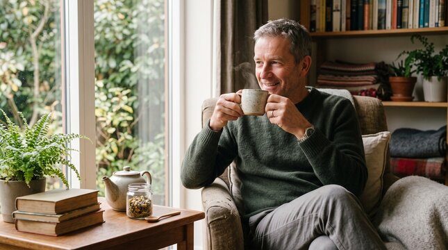 Middle aged man enjoying a warm cup of tea while relaxing in an armchair by the window with books and plants