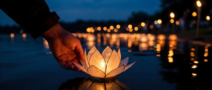 Hands releasing glowing lotus lantern on water at dusk with bokeh lights reflecting on surface, suitable for spirituality, celebration, and peaceful evening themes.
