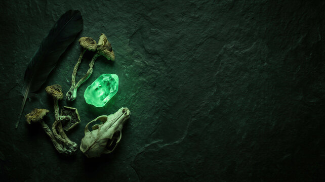 Animal skull with dried mushrooms, black feather and glowing green crystal on dark stone background. Magical witch altar for Halloween celebration. Mystical occult and esoteric concept.