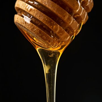 Pure Golden Honey Dripping from Dipper Black Background