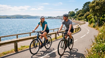 Fototapeta premium Couple cycling on scenic coastal path enjoying summer day with ocean views and sailboats in distance