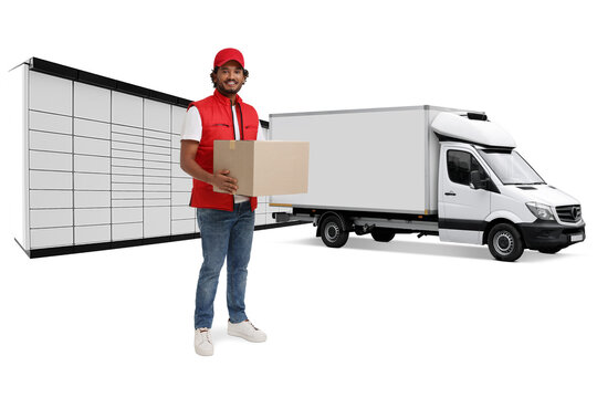 Courier with box, parcel locker and truck on white background. Delivery service