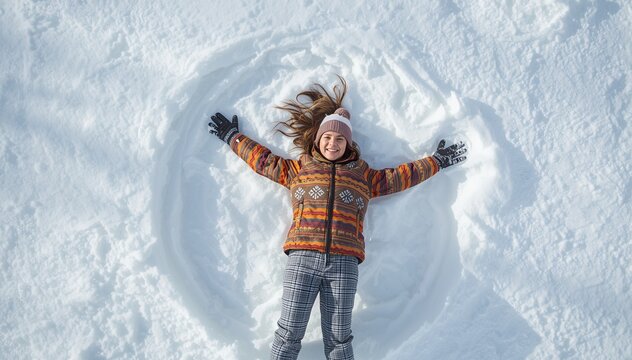 Joyful child creating a snow angel on a sunny day