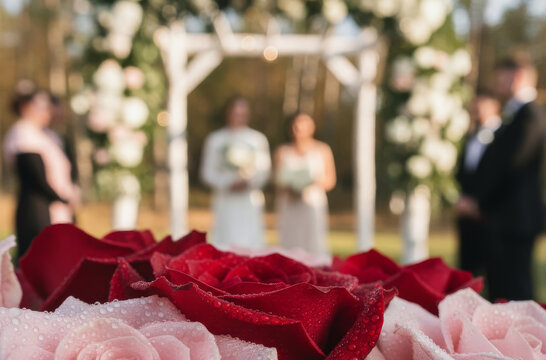 Captivating wedding ceremony framed by soft-focus red and pink rose petals in the foreground,