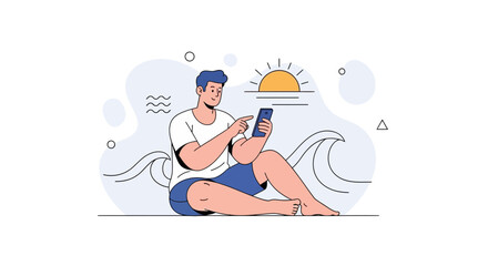 Obraz premium Man Sitting on Beach at Sunset Using Smartphone, Modern Flat Illustration with Ocean Waves and Sun