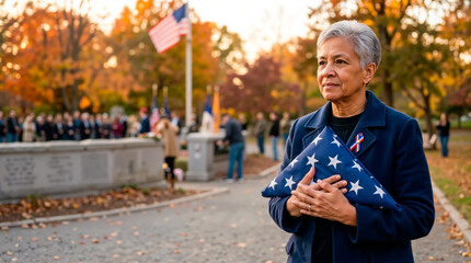 Fototapeta premium Senior person holding a folded American flag at a memorial service. Respectful older veteran standing with pride during an autumn tribute ceremony. Patriotic remembrance concept