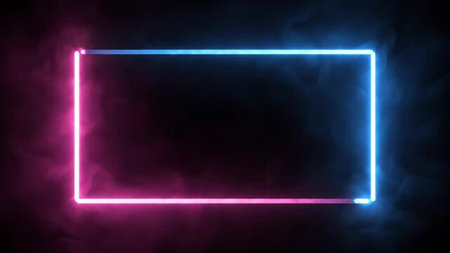 Neon glowing frame on dark smoky background. Blue and pink cyber light border with copy space.