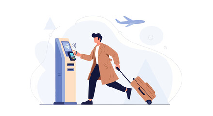 Fototapeta premium Man using self-service kiosk at airport for check-in or boarding pass with luggage and airplane in background.