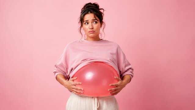 Confused young woman holding a large pink balloon under her sweater to illustrate stomach bloating against a pink studio background