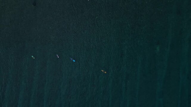 Surfer activity on ocean waiting for waves. Lovely aerial view high up drone