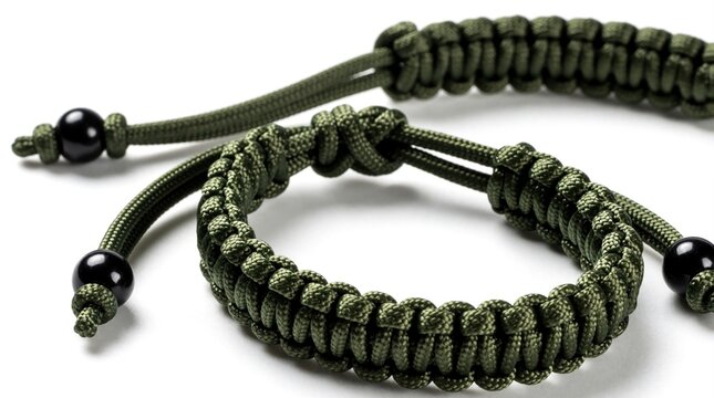 Green paracord bracelet with black beads. Handmade woven rope accessory. Military style, tactical gear for outdoor adventures. Fashionable survival jewelry for men and women.