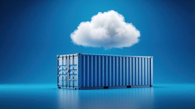 Blue cargo container stands under white fluffy cloud on gradient background. Concept shows digital data storage server infrastructure for modern tech industry. Metal box logistics software, cloud