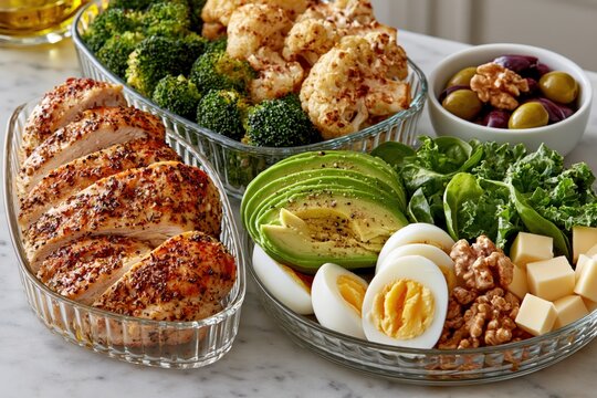 Healthy keto meal prep containers with chicken avocado and boiled egg
