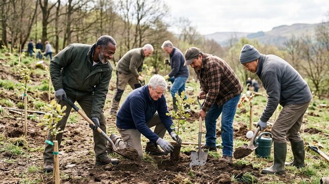 Diverse group of senior men planting trees together in a forest reforestation project outdoors