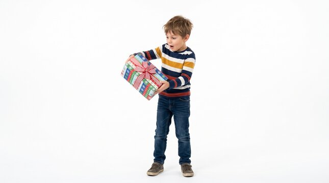 Surprised young boy holding a colorful gift box with a red ribbon against a white background