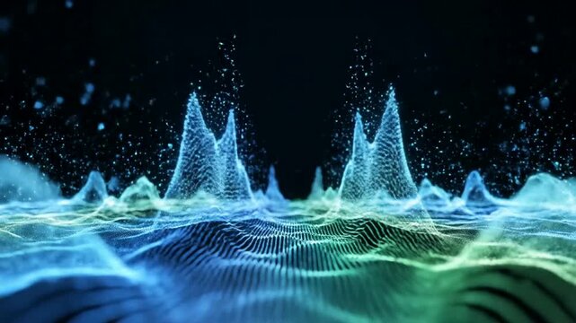 Abstract digital waves meeting the horizon line; a mesmerizing blend of light and sound visualization; suggests energy flow and deep connection
