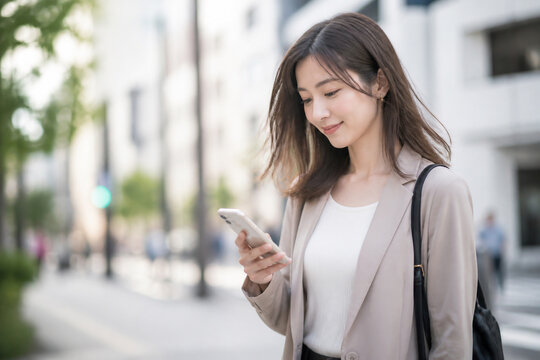 街中でスマートフォンを操作する女性 Generative AI