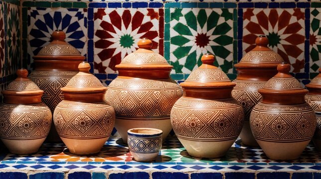 Traditional Moroccan pottery jars with geometric patterns sit on colorful zellige tiles. Handcrafted ceramic containers display ethnic art in vibrant souk market. Authentic clay earthenware decor