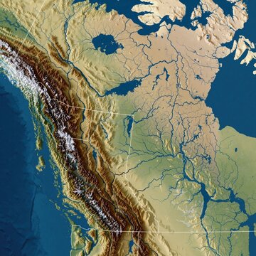 Topographic map showing Western Canada relief, rivers, lakes, and administrative lines. Includes undersea terrain visualization, illustrating coastlines and ocean floor topography.