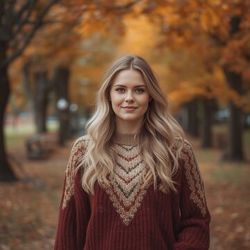 Beautiful blonde woman in a warm sweater on a fall day