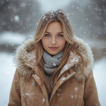 Beautiful Young Woman Enjoying a Snowy Winter Day Outdoors