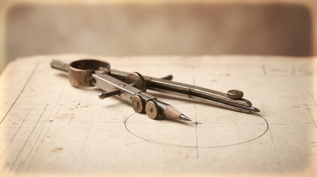 Vintage metal drafting compass drawing a circle on technical paper