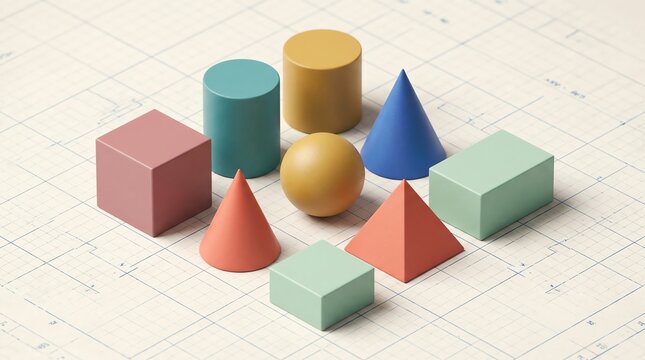 Colorful geometric 3D shapes arranged on technical grid paper