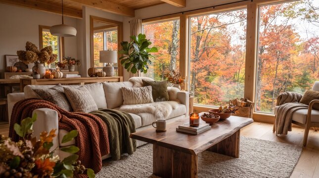 Cozy autumn living room featuring a comfortable sofa, coffee table with decor, and large windows offering a breathtaking view of vibrant fall foliage, creating a warm and inviting atmosphere.