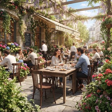 A charming outdoor cafe in Paris overflows with blooming flowers, as patrons enjoy a leisurely meal under a trellis adorned with wisteria, creating a vibrant and romantic atmosphere.